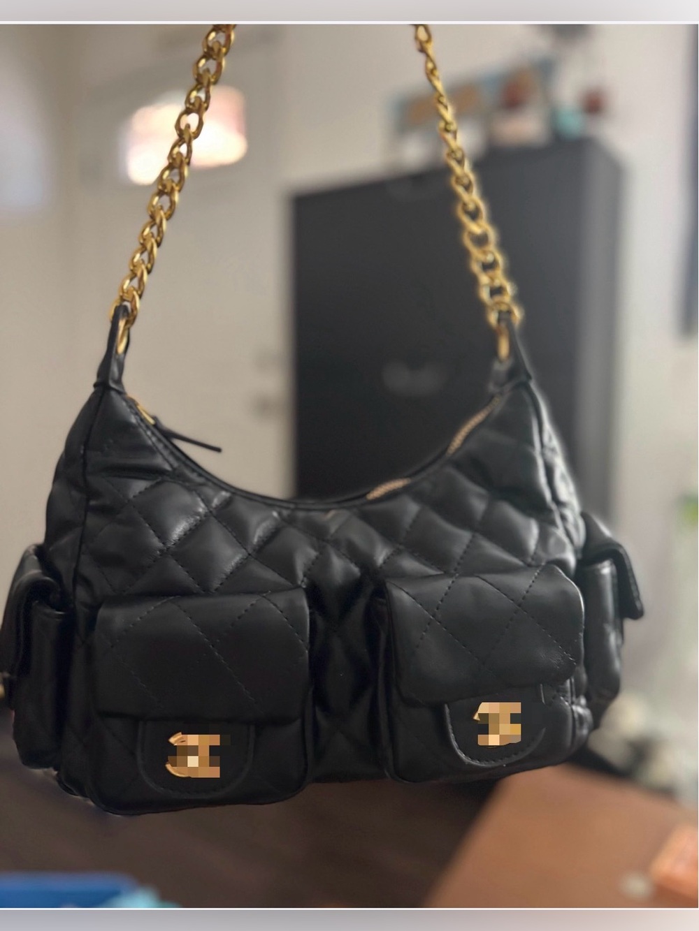 Quilted Black Shoulder Bag with Gold Chain Strap and Front Pockets